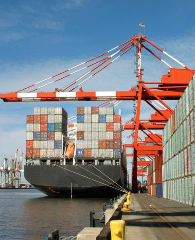 Shipping port with cranes