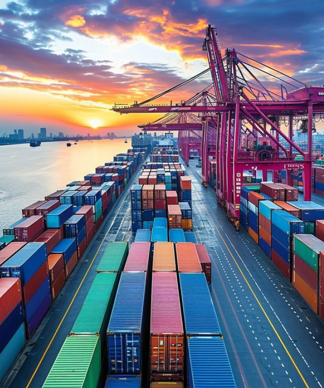 Shipping port at sunset